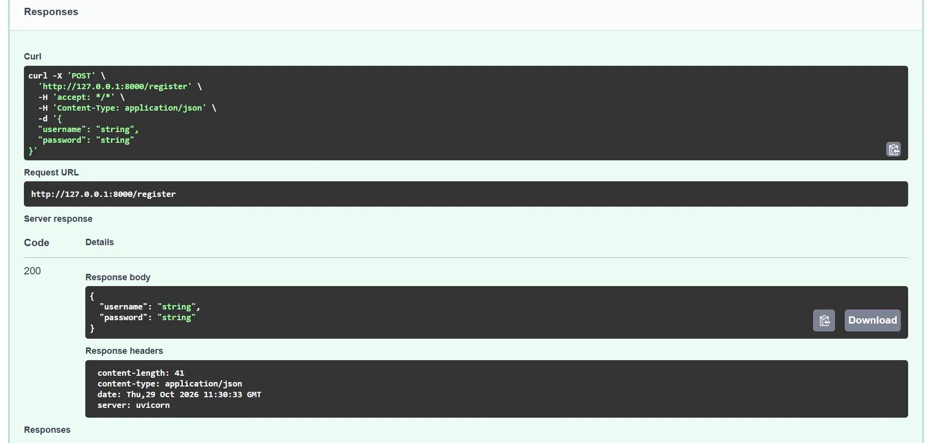 用户注册接口返回 JSON 数据